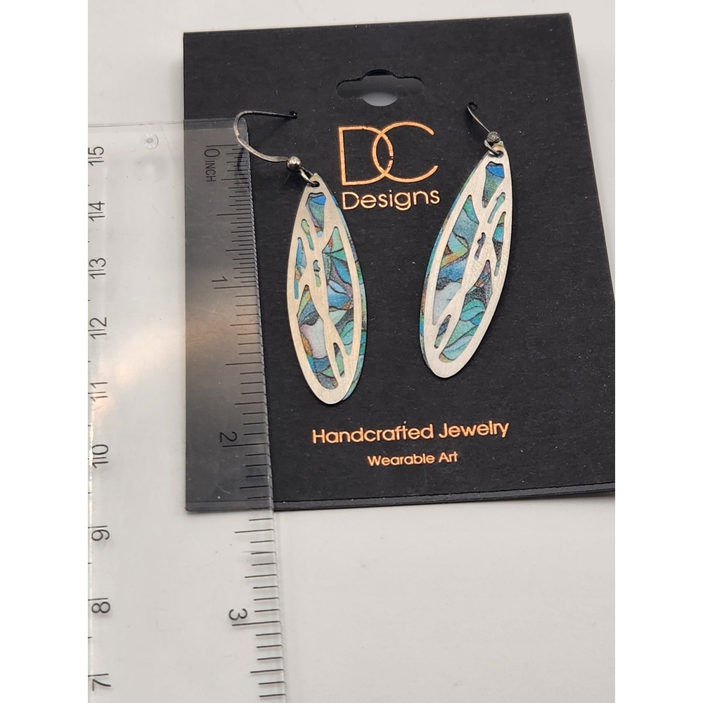 DC Designs Handcrafted Abstract Nature Giclee Print Dangle Earrings‎ Blue Silver - Picture 3 of 3